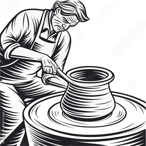 Pottery Artisan Working on Clay Wheel Engraved Vintage Vector