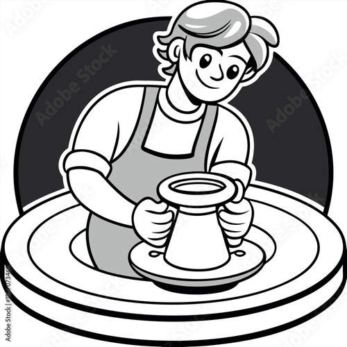 Pottery Artisan Working on Clay Wheel Engraved Vintage Vector