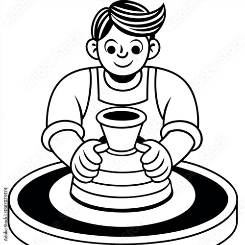 Pottery Artisan Working on Clay Wheel Engraved Vintage Vector