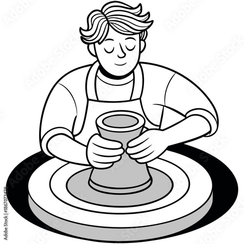 Pottery Artisan Working on Clay Wheel Engraved Vintage Vector