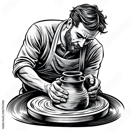 Pottery Artisan Working on Clay Wheel Engraved Vintage Vector