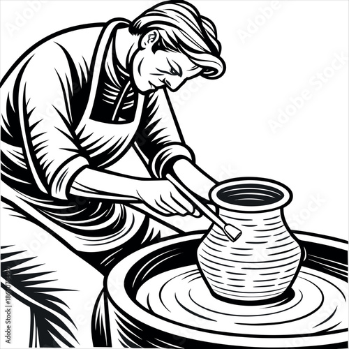 Pottery Artisan Working on Clay Wheel Engraved Vintage Vector