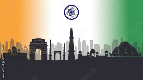 Indian cityscape silhouette with famous landmarks and national flag colors with Indian culture and travel and tourism and Delhi and architecture
