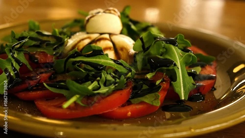Burrata Salad Close Up with Parmesan, Arugula and Tomatoes. Gourmet Food ASMR, Culinary Detail.