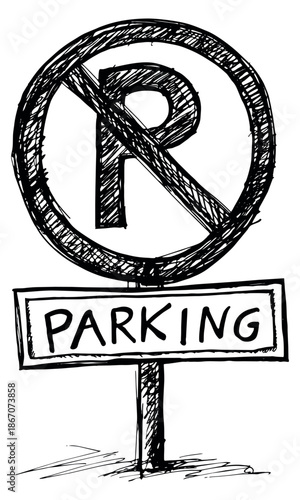 Hand drawn line art illustration of a no parking sign depicting a prohibition for traffic regulations