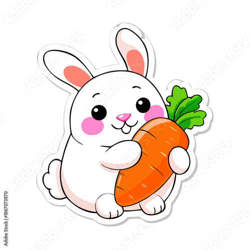 A cute cartoon bunny character happily holding a fresh carrot in this funny Easter animal vector illustration isolated on white