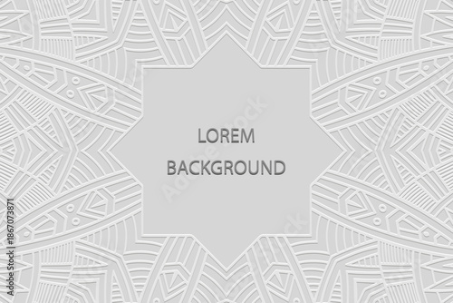 White lorem background, banner, wallpaper, tribal cover design, mural. Geometric embossed artistic pattern in doodling and zentangle style. Ornaments of the East, Asia, India, Mexico.Ethnic traditions