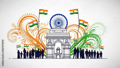 Indian republic day celebration with gateway of india monument and people holding national flags with Indian flag and patriotic and national celebration