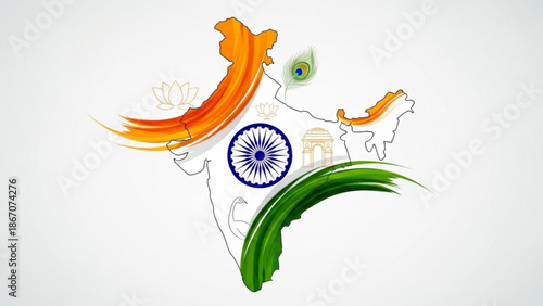 Vibrant indian map illustration with national symbols and colors on white background with tricolor flag and Ashoka Chakra and Indian culture