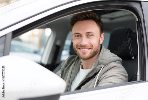 Young man smiling while sitting in the driver's seat of a white car, looking at the camera with confidence for automotive insurance, vehicle purchase and urban transportation concepts