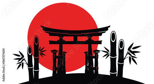 Serene Japanese landscape illustration featuring a traditional torii gate at sunrise with bamboo plants