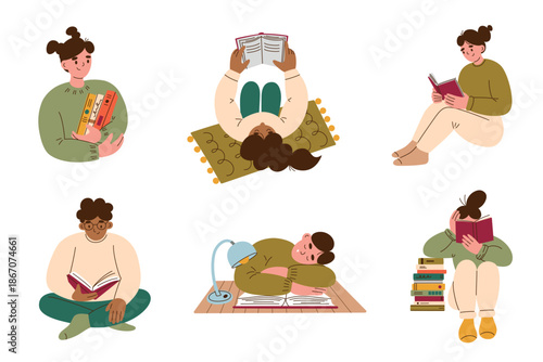 Set of scenes with people reading paper books, vector cartoon illustration collection in cute friendly style. Men and women sitting and lying with books, study and hobby themes for libraries
