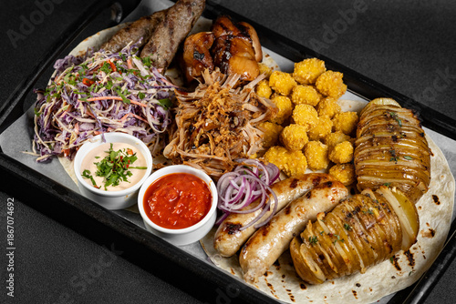 Delicious grilled meat platter with various sauces served on a wooden board, perfect for sharing with friends and family