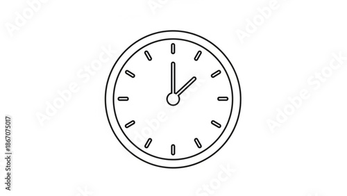 A simple line drawing of an analog clock face with short hour and minute hands on a plain white background with time and illustration and icon