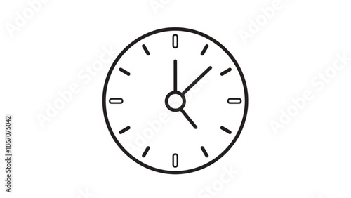 A simple black and white illustration of an analog clock with hour and minute hands on a white background with time and graphic and design and icon