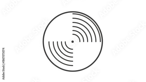 Black and white illustration of a vinyl record with concentric lines on a plain background with music and album and audio and entertainment and art