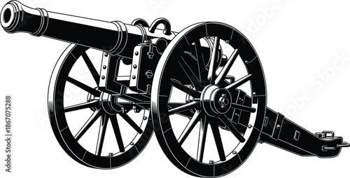 Antique field cannon silhouette on wheels, vintage military artillery weapon vector illustration, historical war equipment isolated on white background for army design