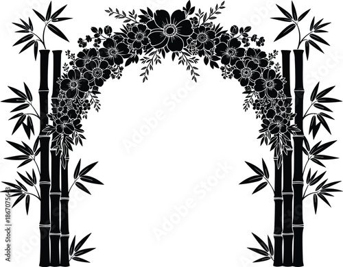Bamboo wedding arch silhouette with floral garden frame, tropical botanical bamboo stalks border,