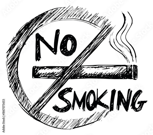 Hand drawn line art illustration of a no smoking symbol depicting a crossed out cigarette and smoke for public health warnings