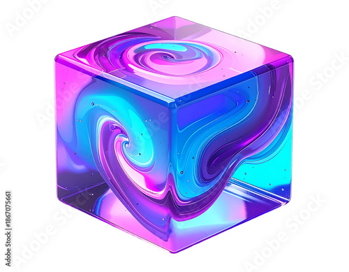 Translucent cube with swirling iridescent colors and a dark background