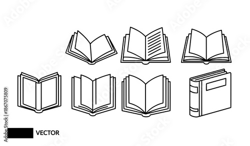 Minimal Open Book Line Icon Set with Black Flat Education Symbols