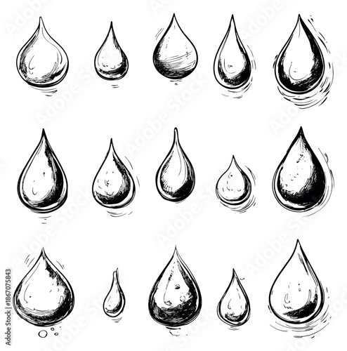 Hand drawn line art water drop set featuring various liquid shapes for nature and hydration themes