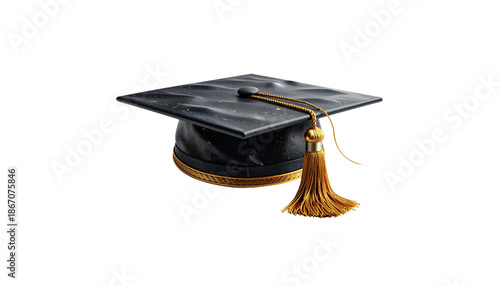 A black graduation cap with a gold tassel on a white background