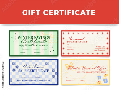 Gift certificate templates for winter sales with discounts on various products and offers for regular customers