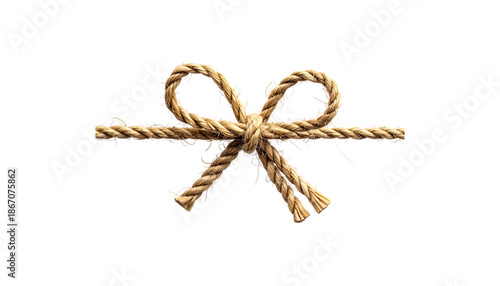 Gold bows and ribbons are tied in knots with brown jute twine, separated against a white background