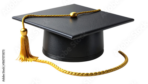 A black graduation cap with a gold tassel on a white background