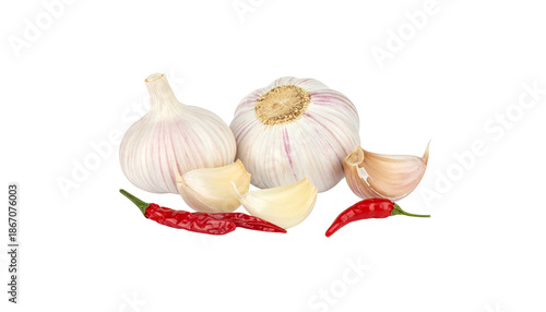 Three heads of organic garlic and one fresh onion are placed separately on a white background