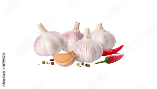 Three heads of organic garlic and one fresh onion are placed separately on a white background