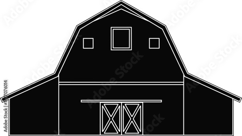 Black and white barn vector illustration, rustic farm building icon silhouette with gambrel roof, agricultural countryside shed isolated on white background for graphic design.