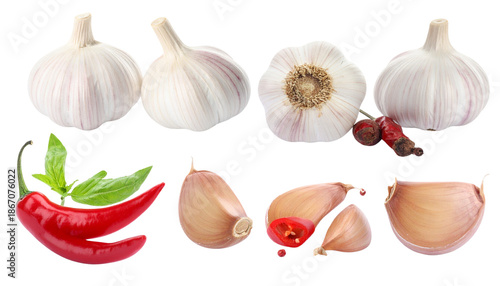 Three heads of organic garlic and one fresh onion are placed separately on a white background