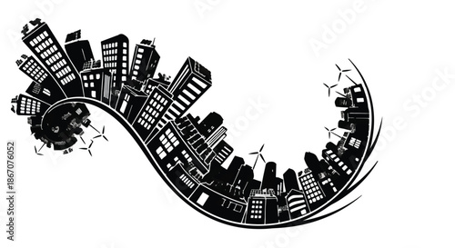 Abstract cityscape with wind turbines symbolizing sustainable urban development.