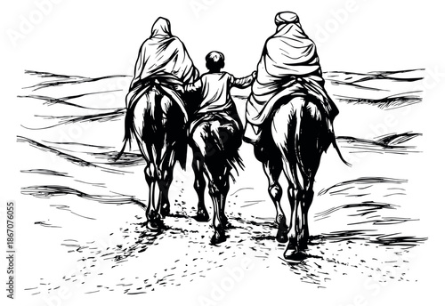 Hand drawn line art illustration of three figures on camels depicting a journey through the desert for travel or historical themes