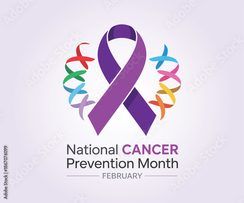 National Cancer Prevention Month February Awareness Poster with Colorful Ribbon Logo and Vibrant Floral Elements for Healthcare Marketing Campaign