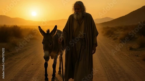 An old biblical prophet walking with a donkey on a desert road at sunset. A spiritual journey through the wilderness. Ancient history and faith concept
