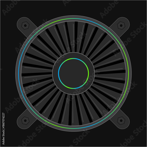 Modern Turbine Fan Vector Illustration, Technology Cooling Vent Fan Computer Cooling Fan Vector Illustration, Black Turbine Style PC Hardware Ventilat with Circular Mechanical Design and Minimal Style