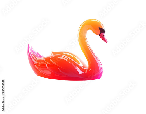 Gradient-colored inflatable swan on black background