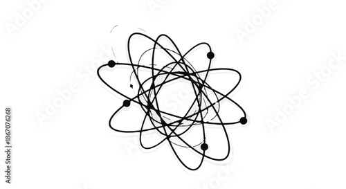 Abstract representation of atomic structure with orbiting electrons on a white background.