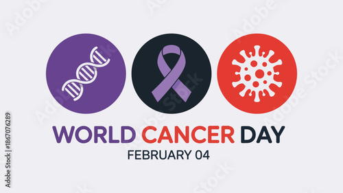 World Cancer Day Awareness Banner with Lavender Ribbon, DNA Helix, and Virus Icons for Healthcare Education and February 4 Medical Campaign