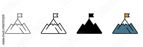 Set of minimalist mountain peak icons with transparent background, depicting achievement, goals, success, and challenge, vector illustration