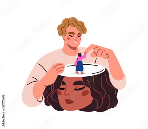 Psychology concept. Inner world, child exploring, learning, accepting mind, head. Mental health therapy, support, trust. Open self to partner. Flat vector illustration isolated on white background