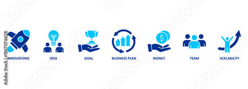 Start up banner. Chart with keywords and icons 