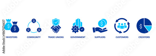 Vector Illustration concept Relationship of Stakeholders, Related of Investors, government and creditors 
