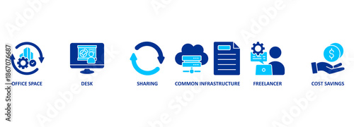 coworking concept with icons. Coworking is an arrangement in which several workers from different companies share an office space 