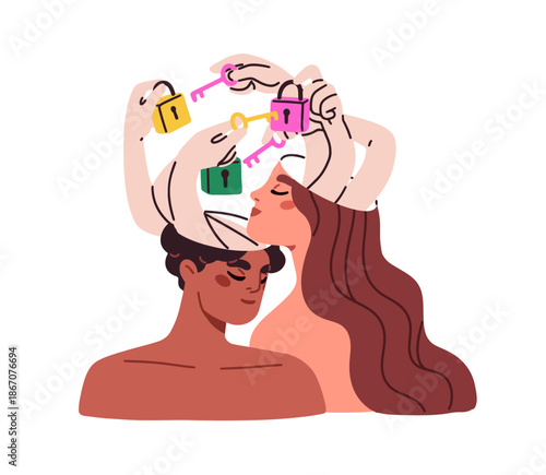 Couple trust each other, share secrets with love and mutual understanding. Psychology concept. Partners care, acceptance. Unlocking inner worlds. Flat vector illustration isolated on white background