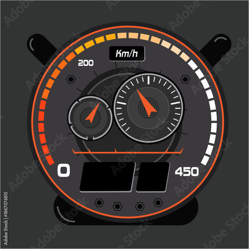 Automotive Speedometer Gauge Vector, Realistic Car Dashboard Instrument Cluster with Tachometer, Mileage Display and Orange Accent UI