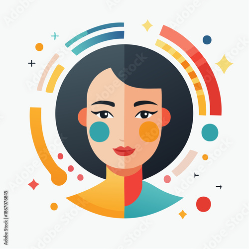 Woman Face Illustration with Colorful Shapes.